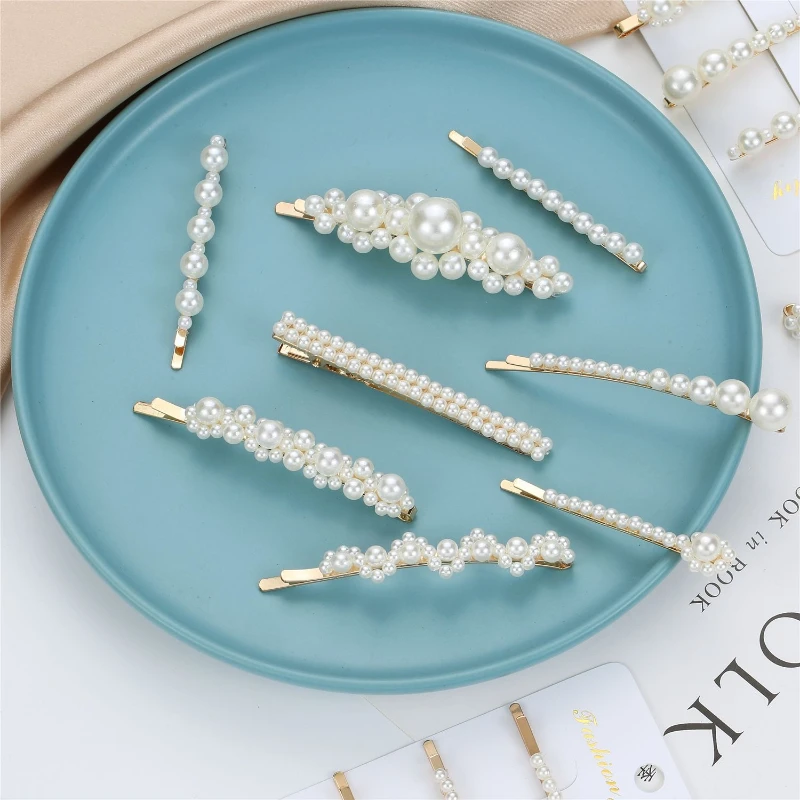 

Pearl Hairpin Wholesale Women's Korean Simple Gold Retro Hairpin Flower One-word Clip Handmade Headdress Hair Accessories