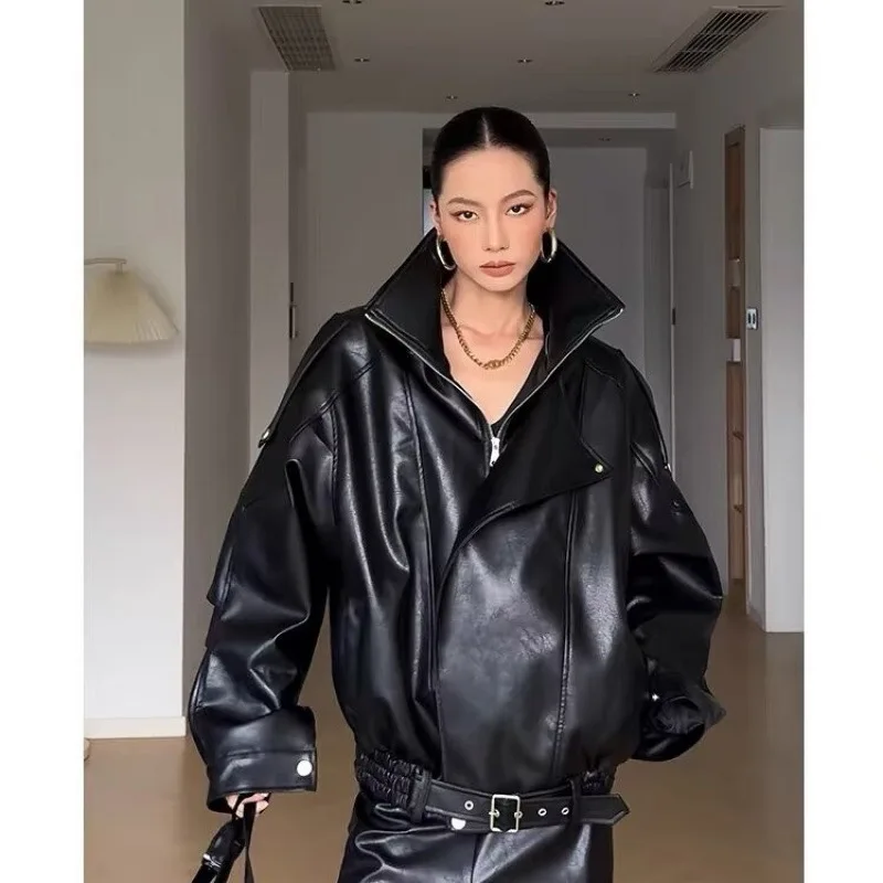 معاطف نسائية من جلد البولي يوريثان الصناعي سترات بحزام وسحاب متين وياقة مقلوبة وأكمام طويلة ملابس خروج غير رسمية فضفاضة لربيع وخريف 2025 #5