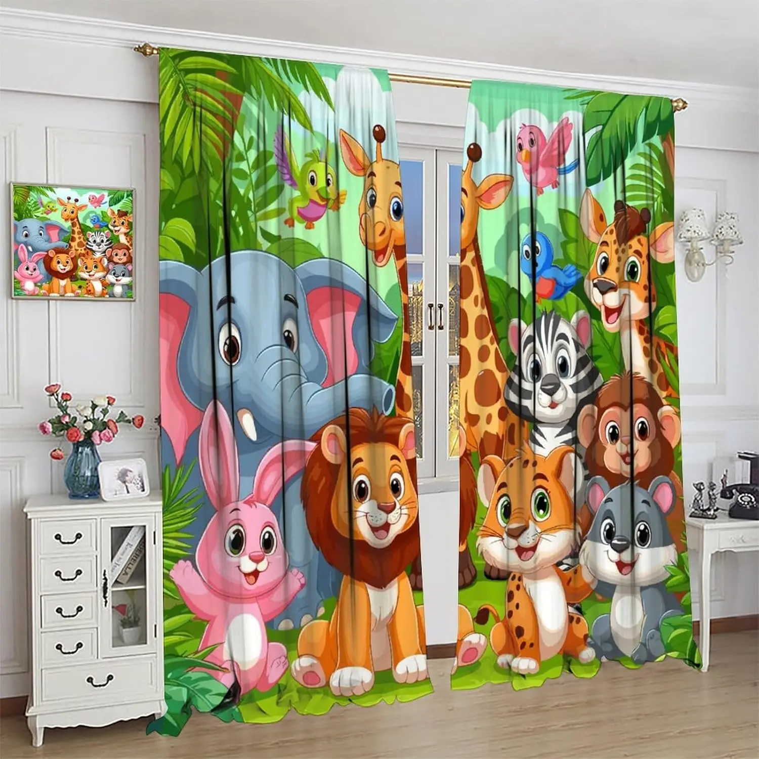 

Kids Forest Animal Curtains, Cartoon Watercolor Forest Plant Lion Elephant Bird Rabbit Wildlife Window Treatments Drapes for