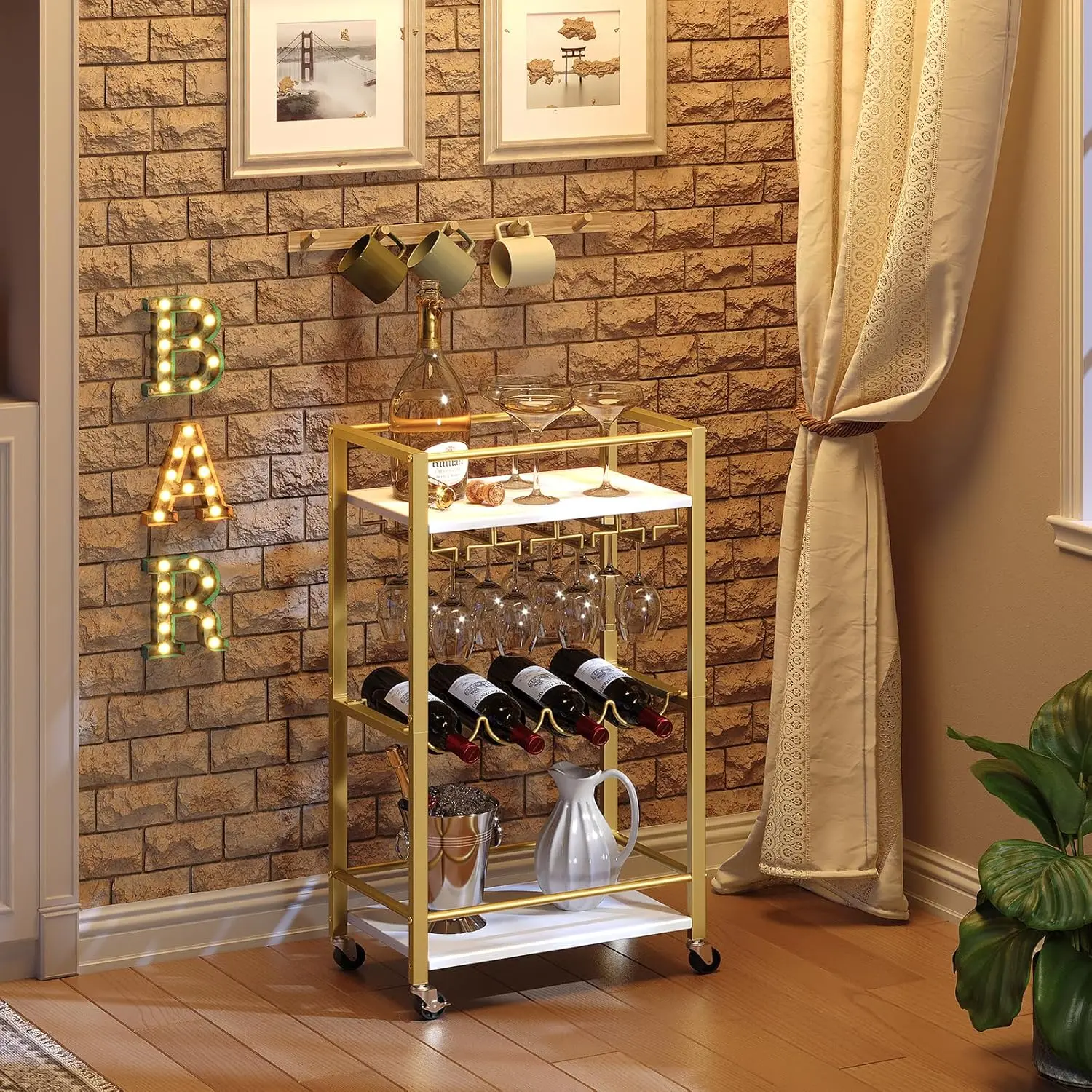 

Gold White 3-Tier Rolling Bar Cart with Wine Rack and Glass Holders for Kitchen Dining Living Room