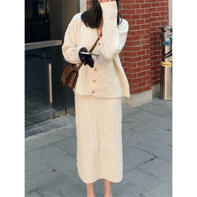 

Skirt Sets Autumn/Winter Korean Fashion Long Sleeve Sweater Jacket Skirt Set Solid Temperament Cardigan Knitted Dress Suits N586