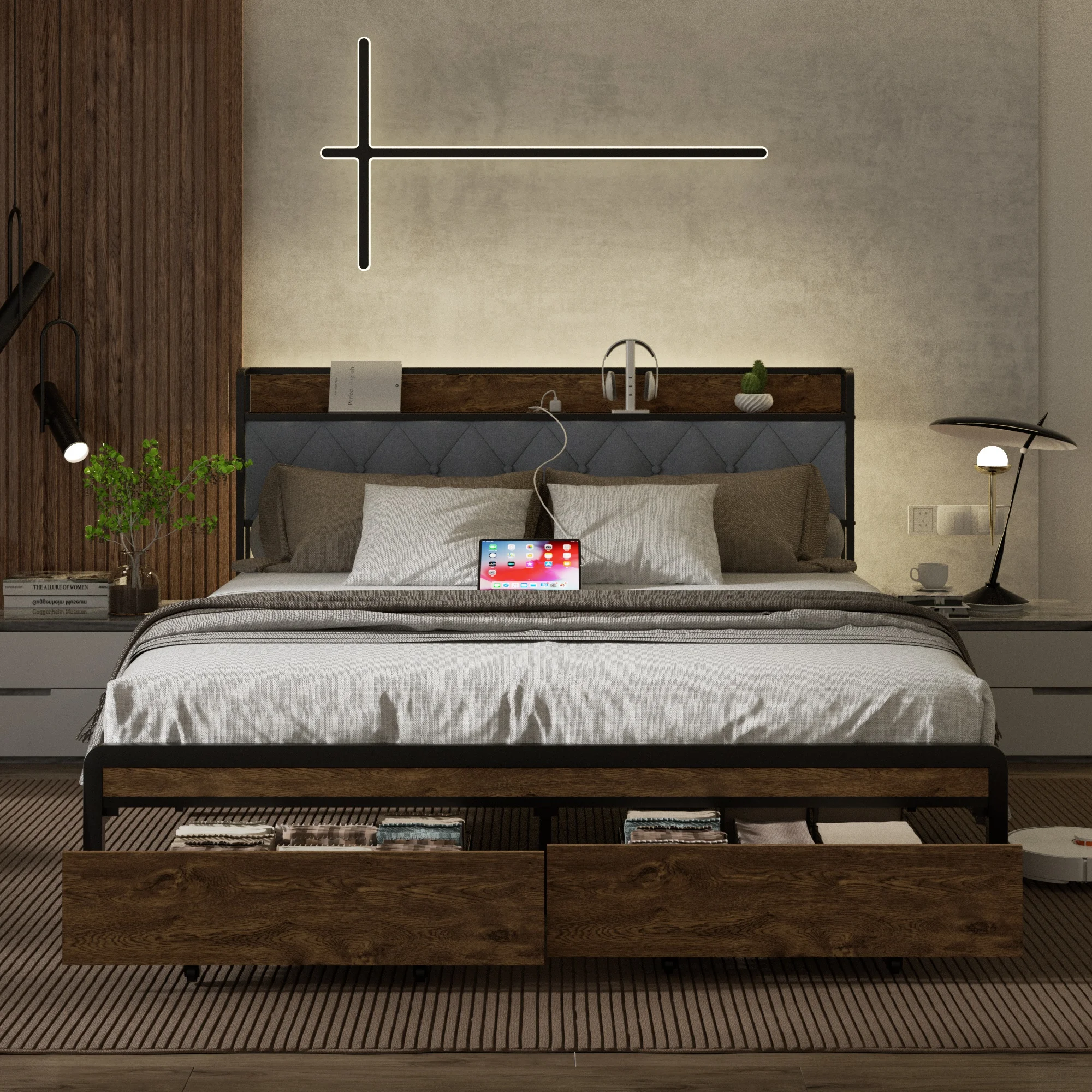 !@Luxury Modern Furniture Bed Frame Smart Lift-Up Storage | Durable Solid Oak Wood Queen Bed 800LBS Load Capacity App Control