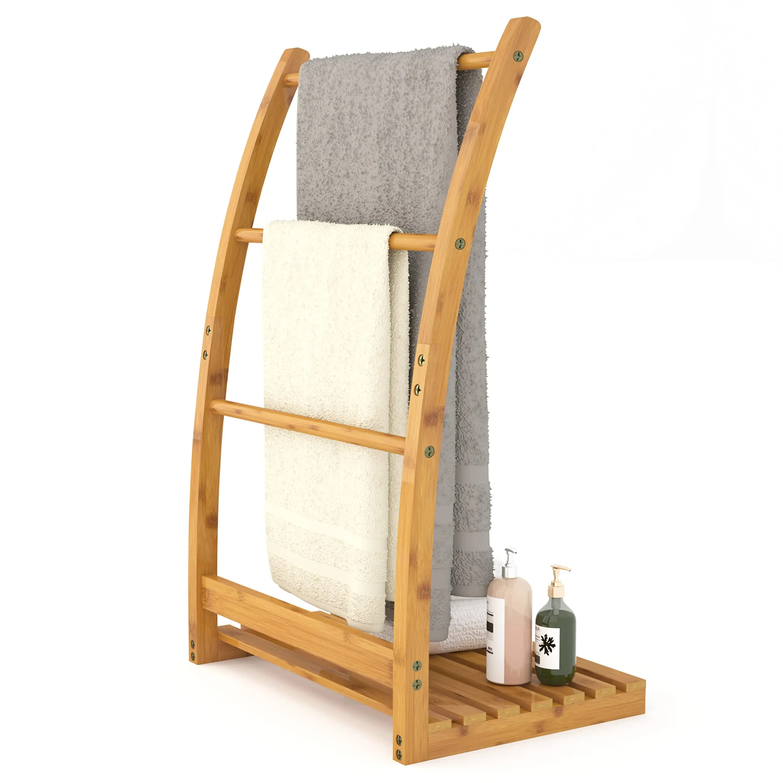 

3 Tier Bamboo Towel Rack Stand Free Standing Blanket Rack with Bottom Storage Shelf for Bathroom Living Room