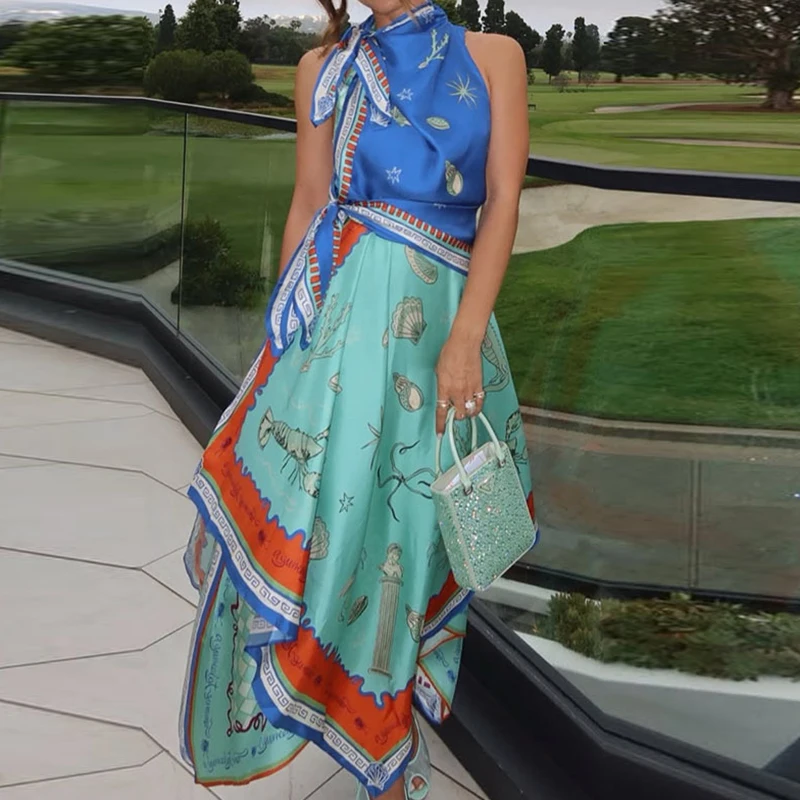 Elegancka satynowa sukienka bez rękawów z nieregularnym dołem, długa, letnia, nowa, w stylu bohemy, z nadrukiem, plisowana, seksowna sukienka z dekoltem O i wysoką talią.