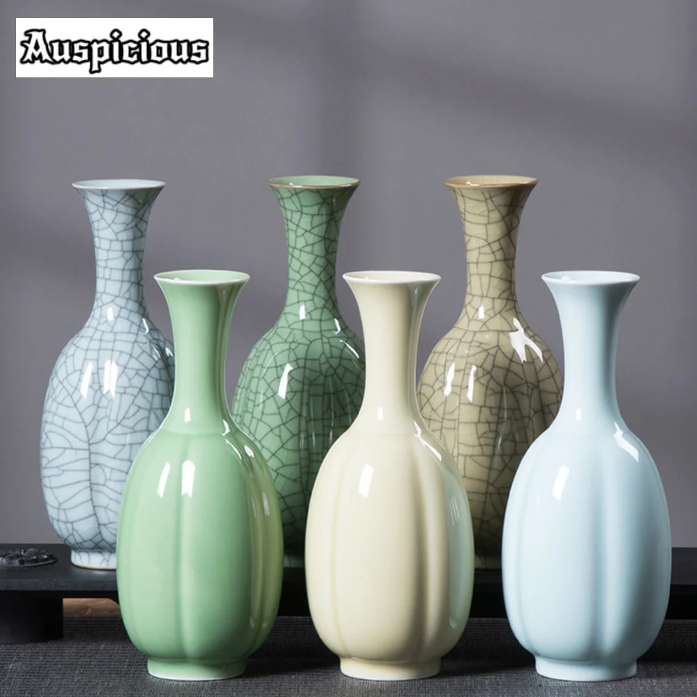 Longquan Celadon Flower Pot Imitation Song Melon Ridge Ceramic Art Vase Flower Arrangement Basket Chinese Table Home Decoration
