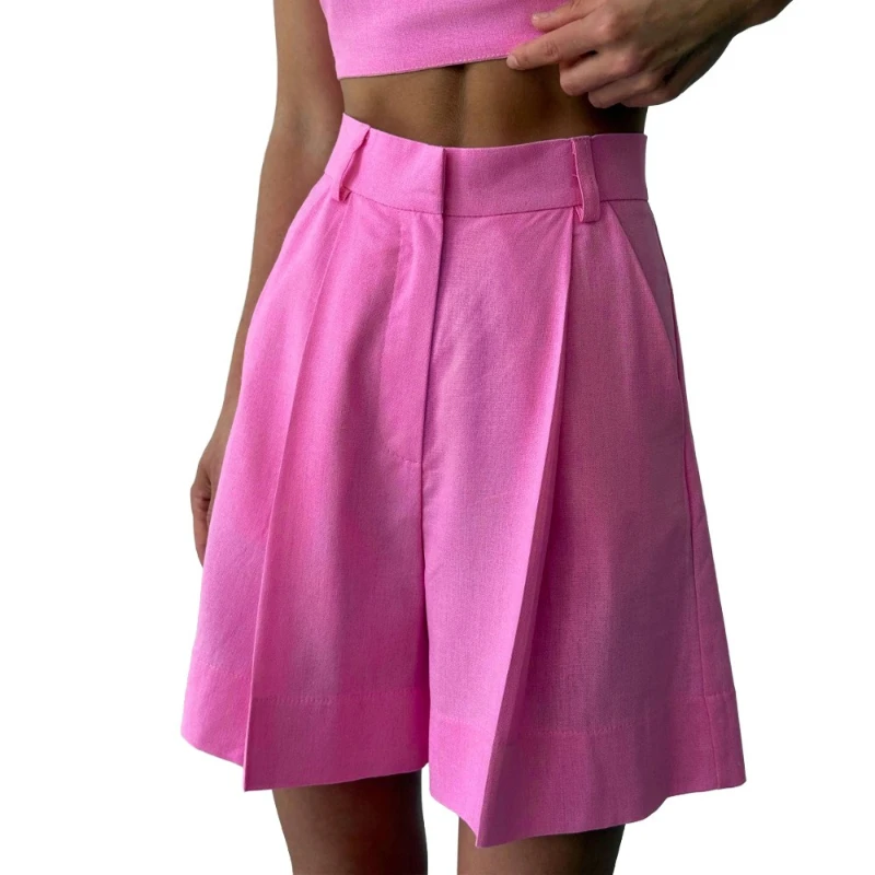 2026 Summer New High Waisted Pleated Linen Loose Wide Leg Casual Suit with Simple Shorts for Women