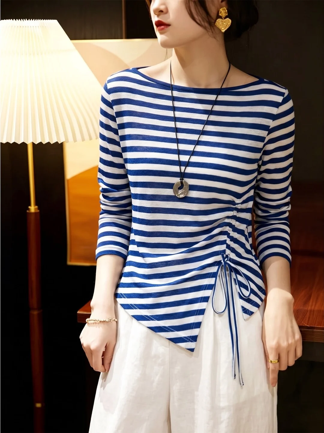 Slimming Stripe Long Sleeve T-Shirt Drawstring Design Autumn New Arrival Women's Fashion Korean Style Straight Cut Silk Top