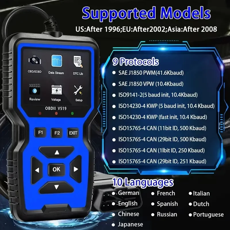 V519 BLAU Auto-Diagnosegerät Kfz-OBD2-Scanner für Motordiagnose mit Farbbildschirm 2026 – Detail 4