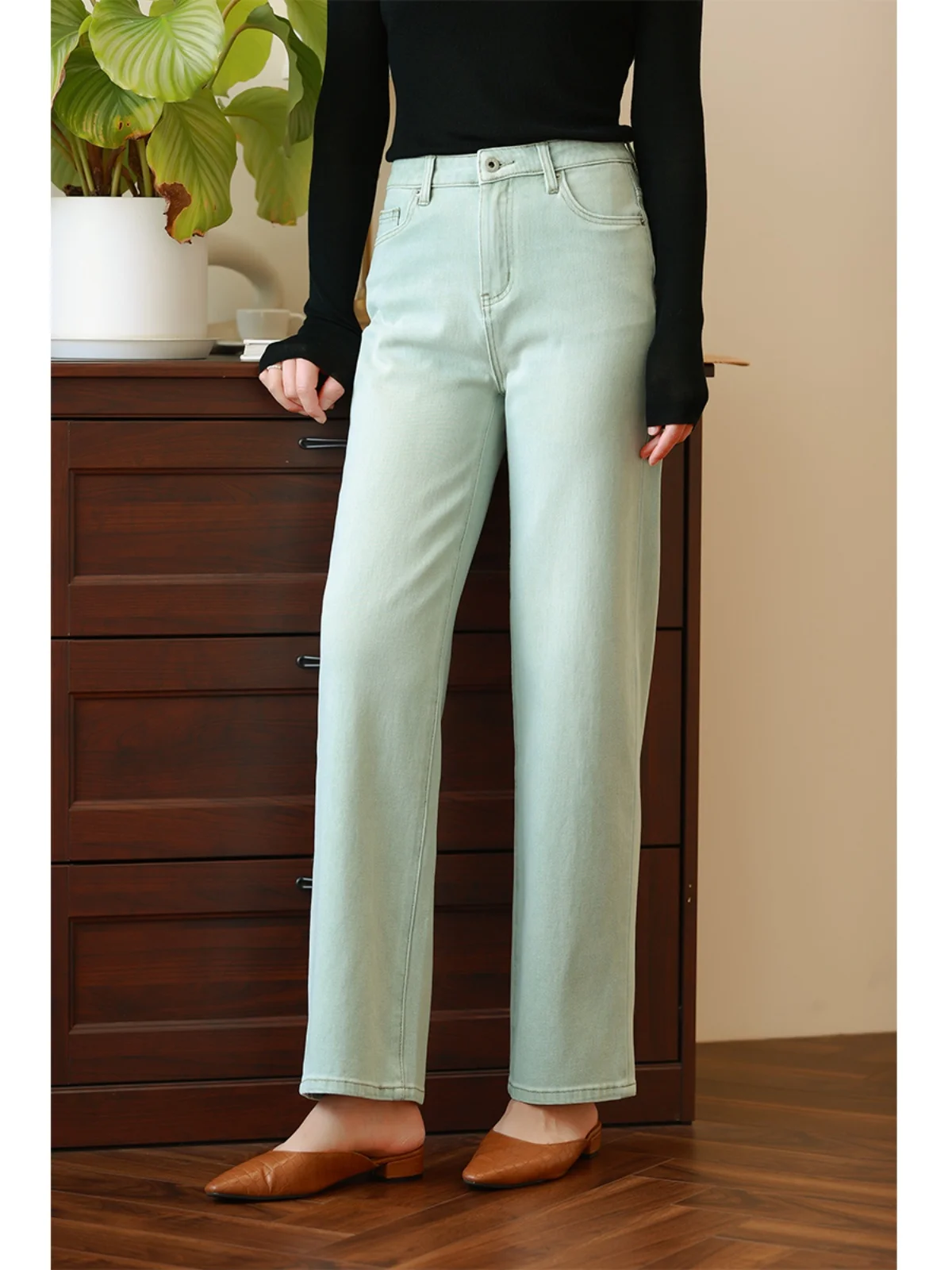 

Slim High Waist Straight Leg Jeans Women's Light Blue Narrow Version Summer New Long Pants save Pear Shape Body Jeans