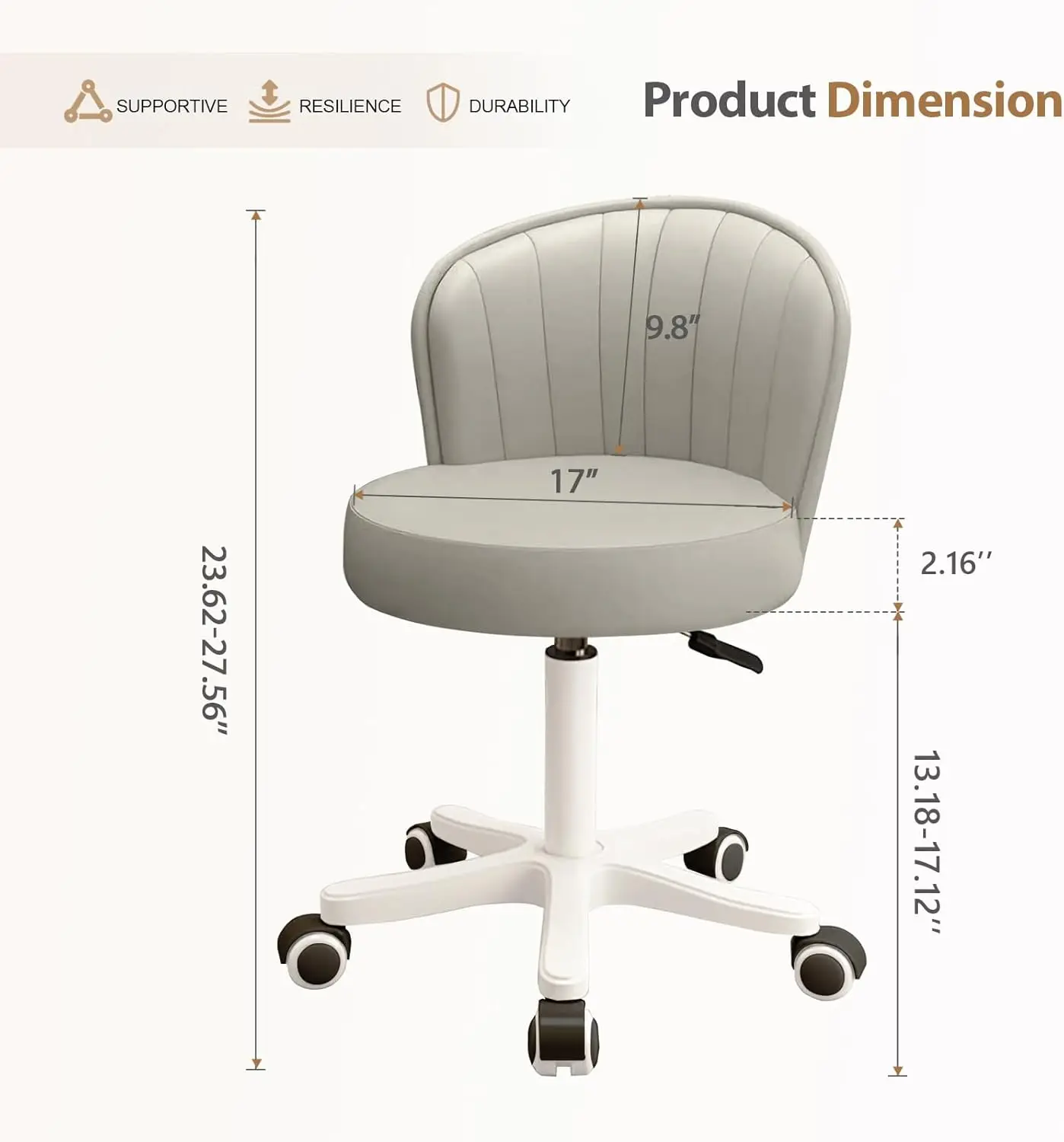 Round Rolling Desk Chair Armless Comfy Vanity Computer Chair with Low Backrest PU Leather Height Adjustable Swivel Work Spa Chai