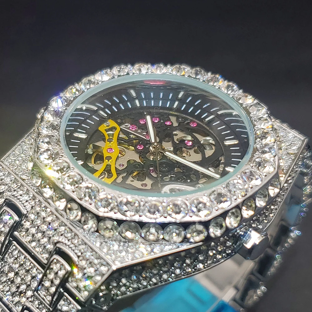 Luxe Mechaincal Heren Horloge Iced Diamond Hiphop Automatische Horloges Met Holle Wijzerplaat Lichtgevende Handklok Voor Mannelijke Dropshipping