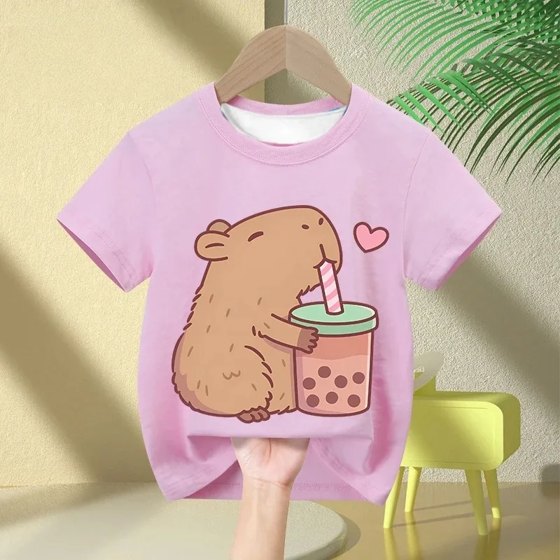 

Cute Capybara Loves Bubble Tea 3D Printed Children's Summer Girls' Clothing Children's Short Sleeved Casual Quick Drying Top