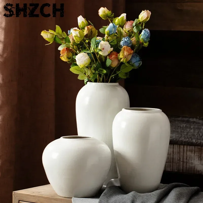 Jingdezhen Reinweiße Nordische Retro-Moderne Keramikvase - Kreative Dekoration für Getrocknete Granatapfelblüten, Raum- und Zimmerakzent