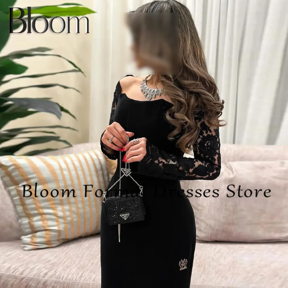 Bloom Square Neck Long Sleeves Solid Black Zipper Back Floor Length sheath Classic Celebrity Evening Dress High Quality straps