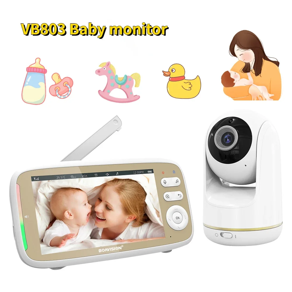 Video-Babyphone, 5 Zoll, 720P, größeres Display, Nachtsicht, 3-facher Zoom, 2-Wege-Audio, Babysitter, Kamera, integriert, 3050 mAh, VB803