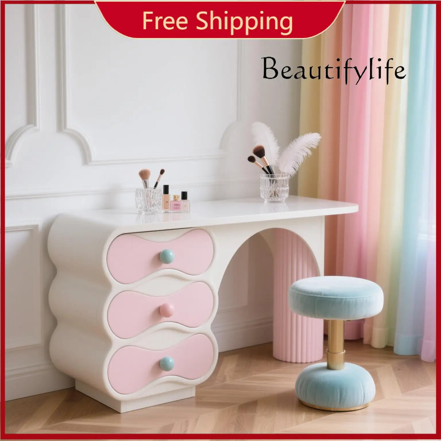 

R Pink Desgin Vanity Table Women European Cosmetics Beauty Bedroom Vanity Table Nordic Comfortable Makeup Vestidores Furniture