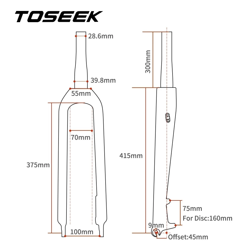 TOSEEK Carbon Fiber Fork MTB Bicycle Front Forks Mountain Bike Parts Disc Brake 160mm Tapered Tube 1-1/8