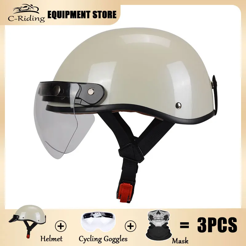 Motorcycle Bike ATV Half Open Face Helmet - with Sun Visor Quick Release Buckle - Men Women Retro Motorbike Helmets Ultra