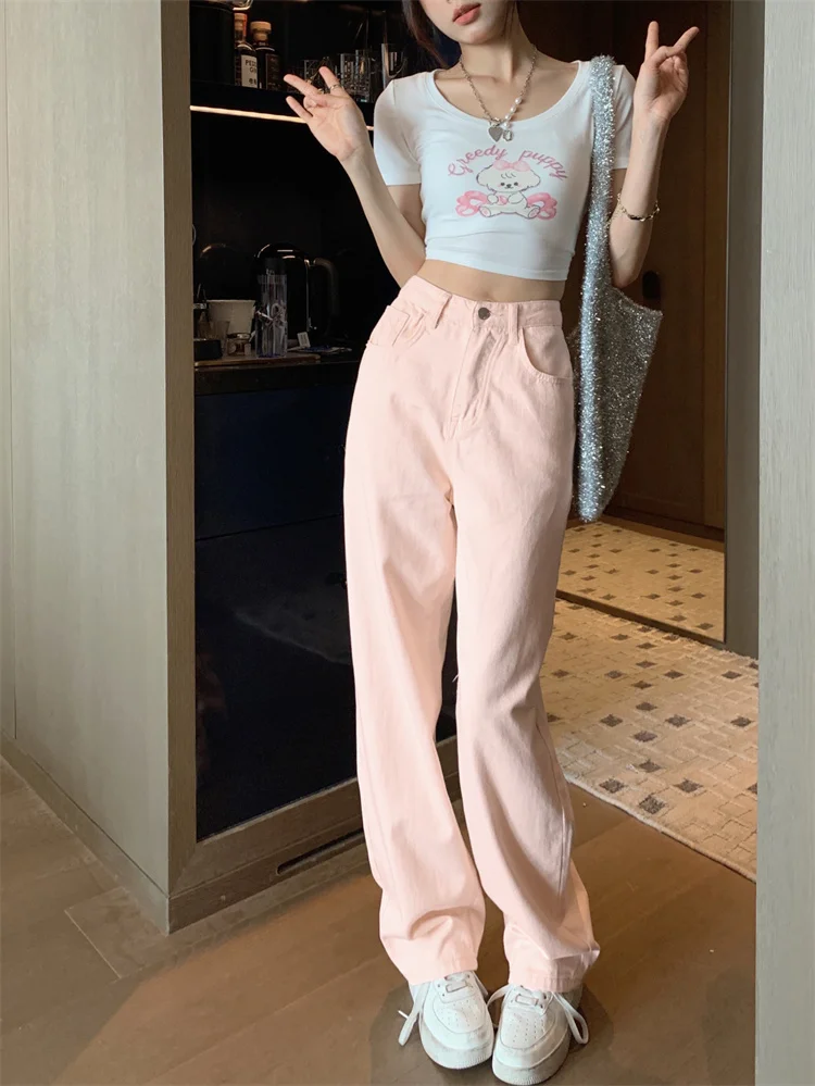 Petite Women High Waist Light Pink Wide Leg Jeans Height Friendly Slim Fit Draping Straight Floor Length Pants