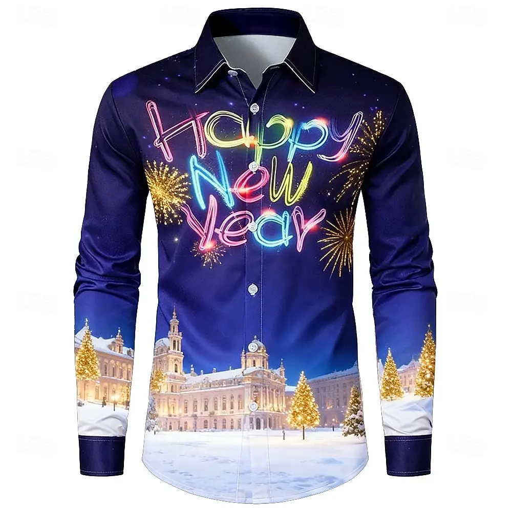 2026New Year Men's Happy New Year Celebration Balloon Shirt Button Up Shirt Long Sleeve Fashion Casual Holiday Spring Fall Shirt