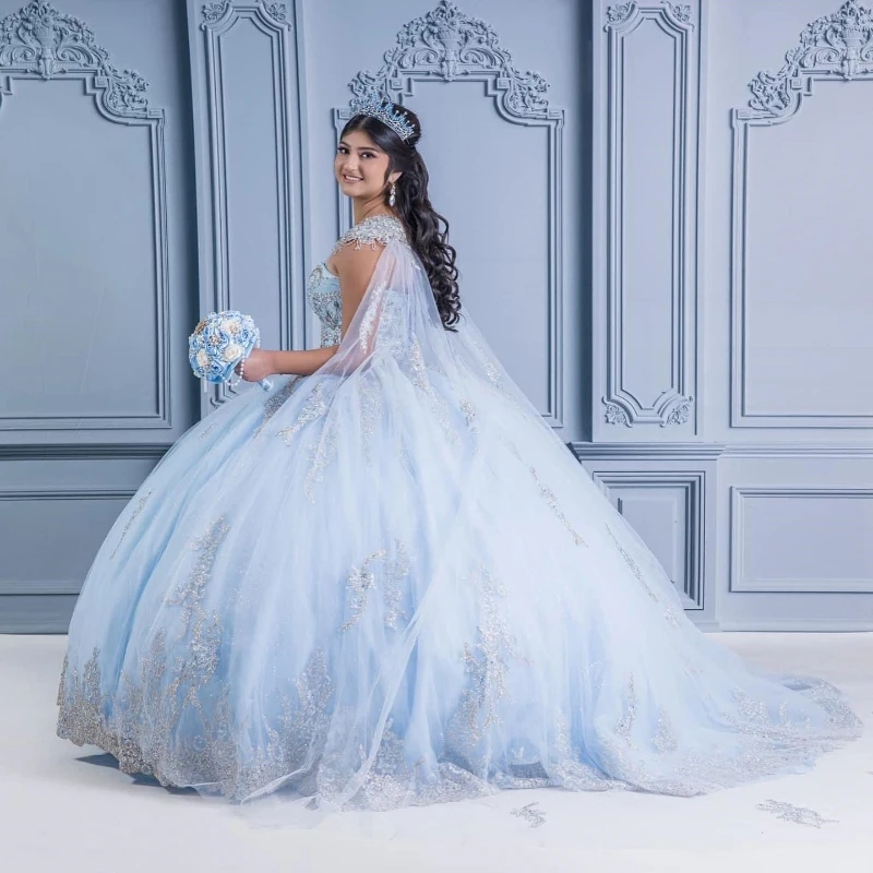 

EVLAST Glitter Blue Quinceanera Dress Ball Gown Lace Applique Beading With Cape Mexico Corset Sweet 16 Vestido De 15 Anos TQD390