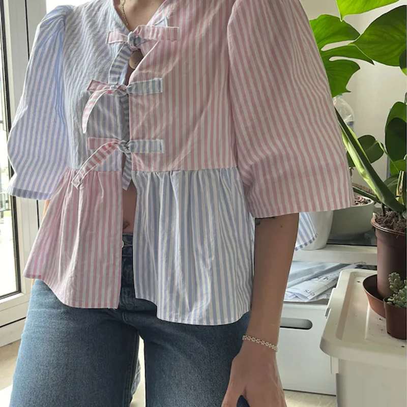 Ruffles Peplum Blouse Tees Striped Patchwork Front Tie Up Hollow Out Crop Tops Kawaii Puff Sleeve Loose T-shirt Women Streetwear