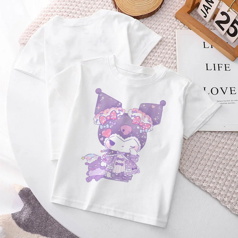 

Kuromi Lolita Children T-shirt New Y2k Kawaii Sanrio Anime T Shirts Cinnamoroll Melody Cartoons Casual Clothes Kid Girl Boy Tops