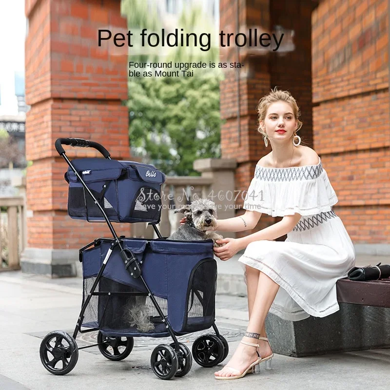 Lightweight Folding Pet Double-layer Trolley Dog Pet Stroller Cat Cage Four-wheeled Outdoor Travel