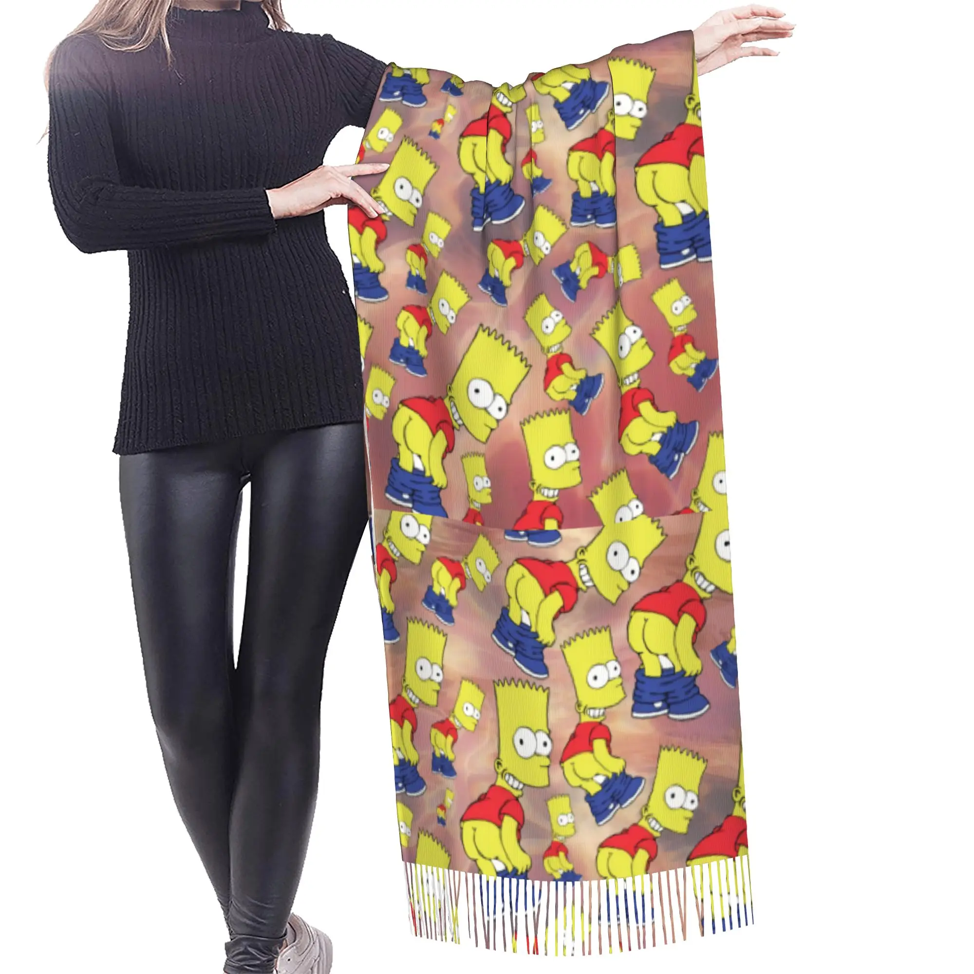 Custom S-Simpsonsed Anime Scarf Wrap Women Long Winter Fall Warm Tassel Shawl Unisex Homer Cartoon Scarves