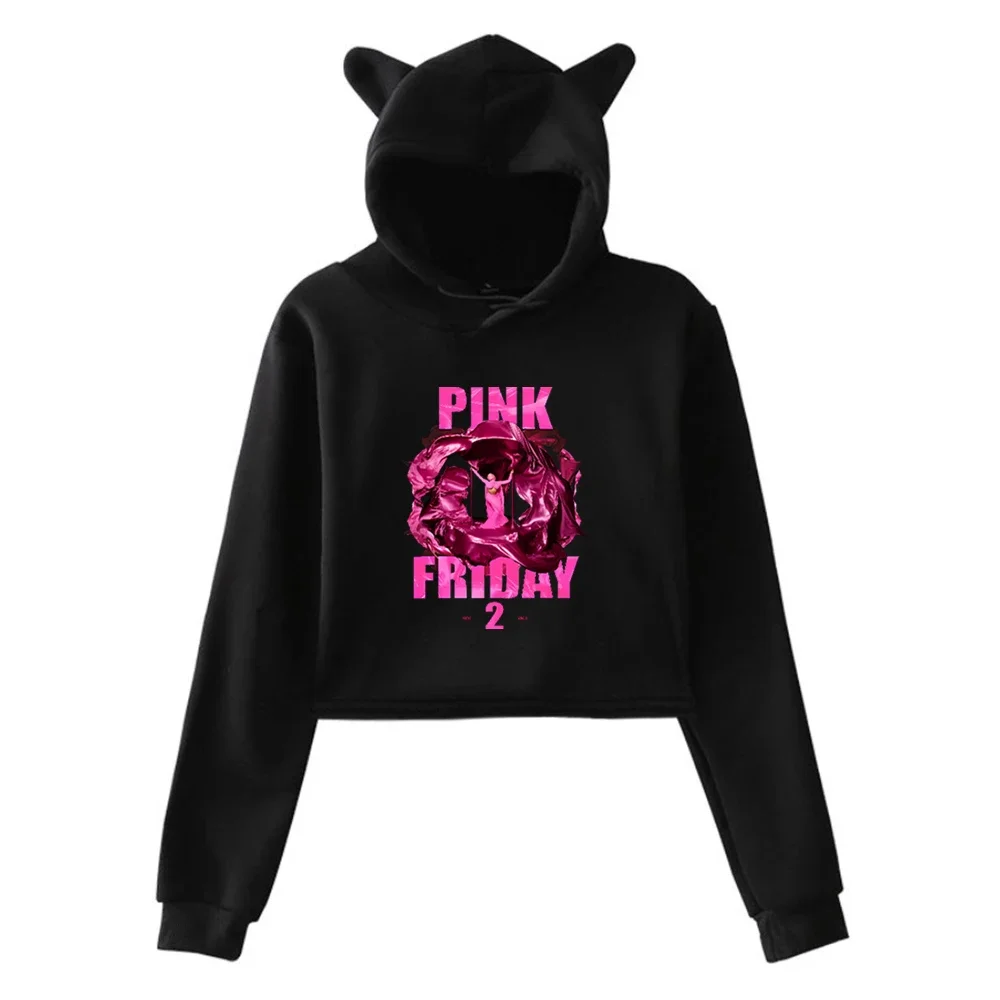 Nicki Minaj Pink Friday 2 Crop Top Hoodie for Girls Streetwear Hip Hop Kawaii Cat Ear Harajuku Cropped Sweatshirt Pullover Tops