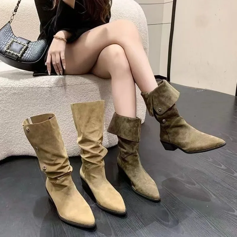 Womens Boots Winter Knee High Shaft Heels Footwear Long Shoes for Woman Elegant Chelsea Elastic Pointed Toe Goth New in Y2k Rock