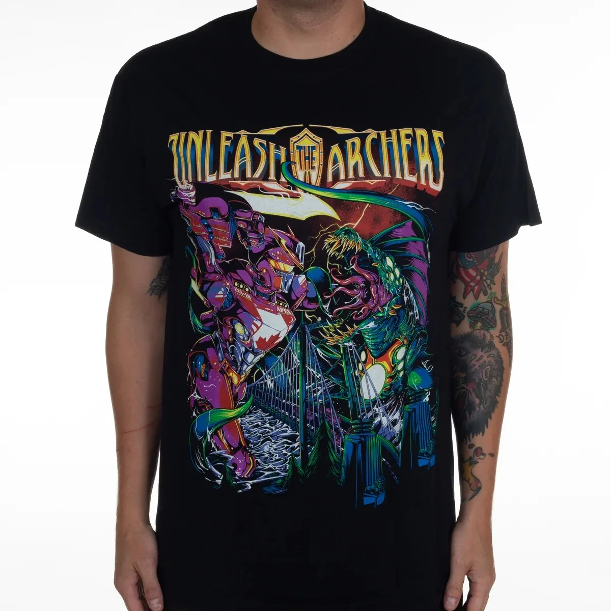Unleash The Archers Mecha Monster Battle Print T Shirt, Bright Comic Giant Robot Sea Creature Graphic