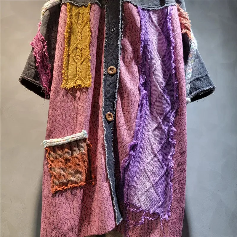 2025秋冬新作 レディースファッション カジュアル 多用途 パープルカラーブロック デニムジャケット ルーズ ロングトップ トレンドコート