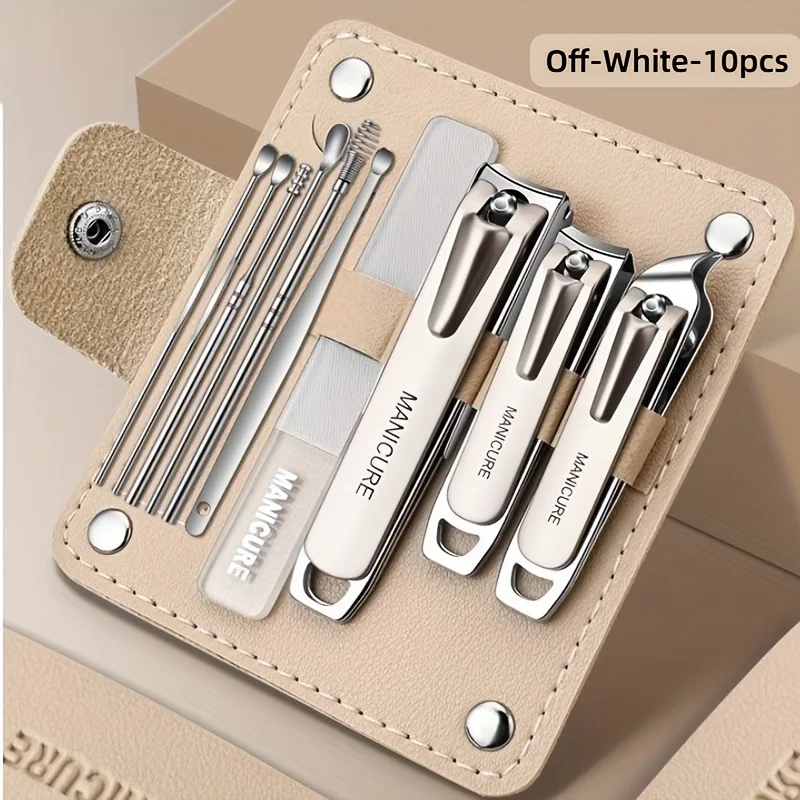 10pcs Professional Nail Care Set with Anti-Splash Features Nail Clipper File And Ear Spoon Tools Comes in a Foldable Leather