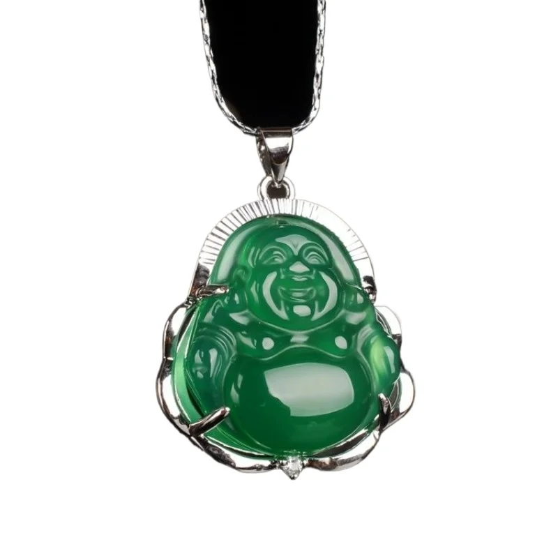 

Natural ice color green chalcedony sterling silver inlaid smiling mouth always open small Buddha Gong