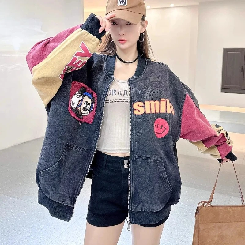 سترة ميكي ماوس كبيرة الحجم من قماش الدنيم المزودة بالترتر - سترة كرتونية راقية لتقليل العمر |   سترة عصرية فضفاضة