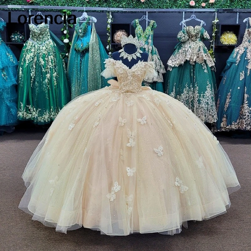 

Lorencia Champagne Quinceanera Dress Ball Gown Gold Lace Appliques Butterfly Beading Bow Sweet 16 Vestidos De 15 Años YQD796