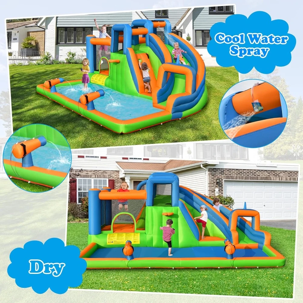 7 in 1 Mega Water Park Bounce House Waterslide Combo Fun w/735W Blower, Climbing Walls, Blow up Water Slides Inflatables