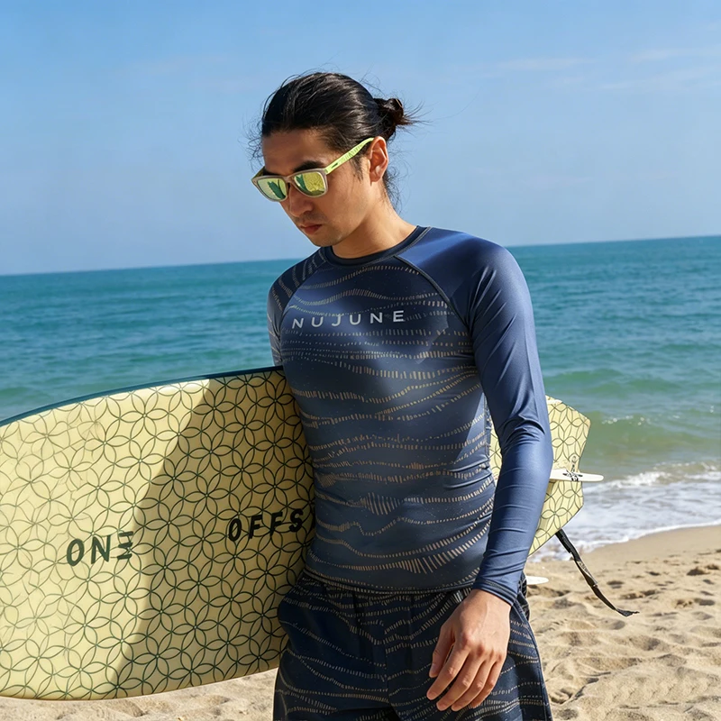 Nu-June Rash Guards Men Surf Tops Set Long Sleeve Quick Dry Swimsuit Two Pieces Sport Swim Trunks Snorkeling Beach Pants Outfits