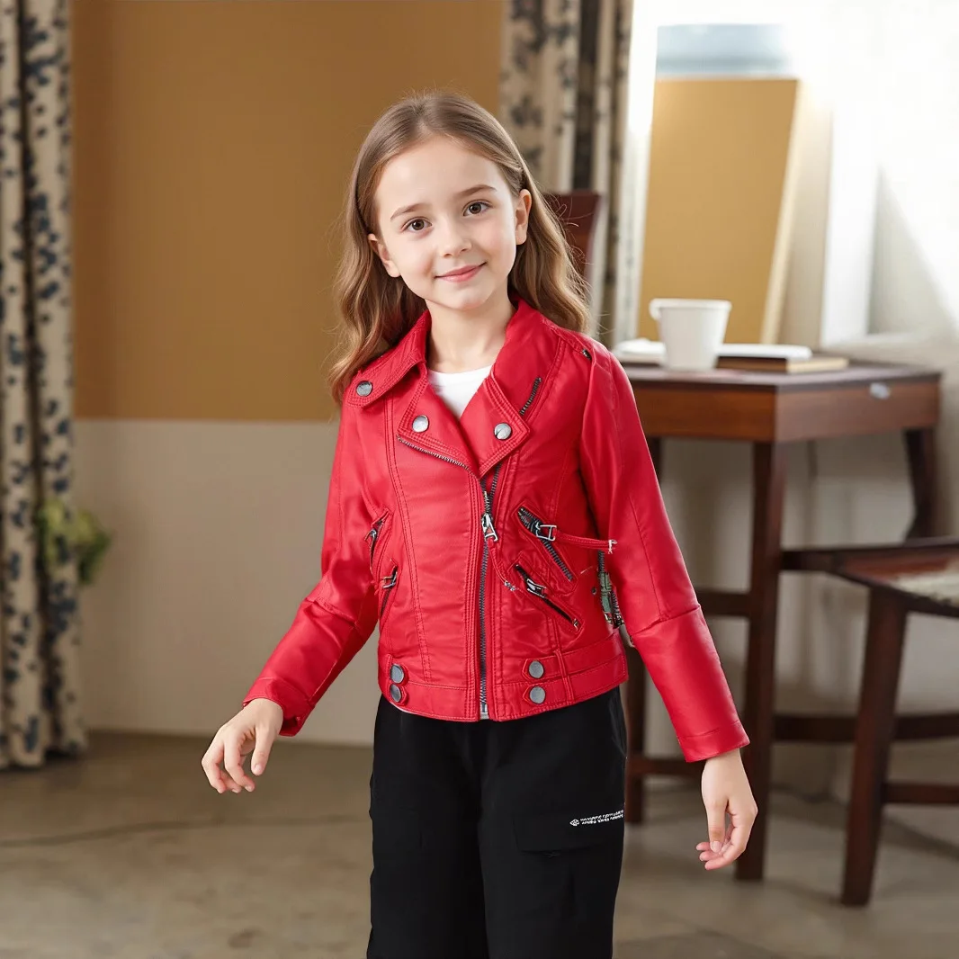 2-12Y NEW YEAR Boys Girls Red Rock Motorcycle Pu Leather Jacket Children Waterproof Windproof Coat Kids Street Photography Wear