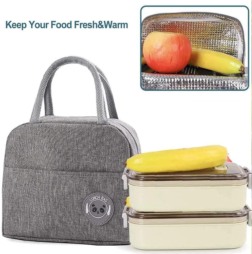 Personalizza qualsiasi nome Lunch Bags Canvas Grey Handbag Portable Travel Picnic Breakfast Box bambini Thermal Lunch Bag Tote Food Bag