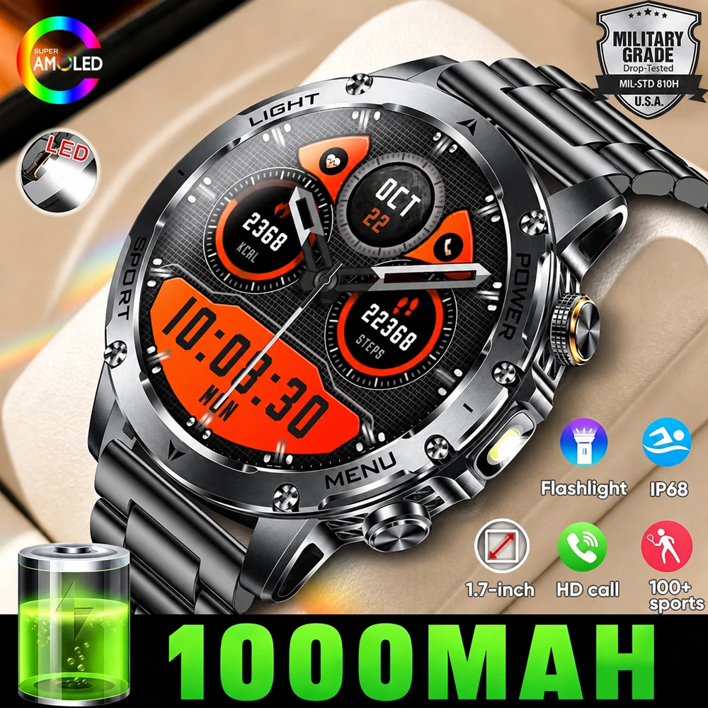 Montre connectée sportive robuste pour homme, étanche IP68, avec batterie grande capacité 1000 mAh, 1.7" HD , appels Bluetooth, SpO2 suivi de la fréquence cardiaque, lampe torche LED Montres militaires pour hommes