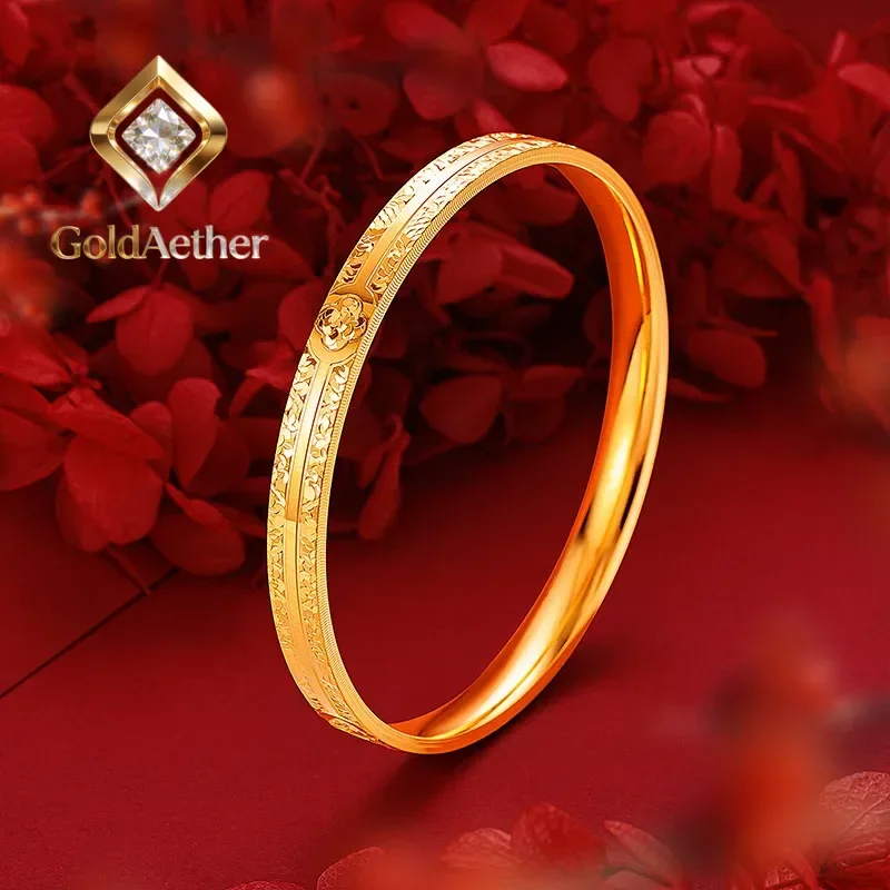 

GoldAether 9999 24K Real Gold Lucky Grass Light Luxury Crushed Ice Pattern Bracelet with CNC Burst Flash Closed Loop Plain Circl
