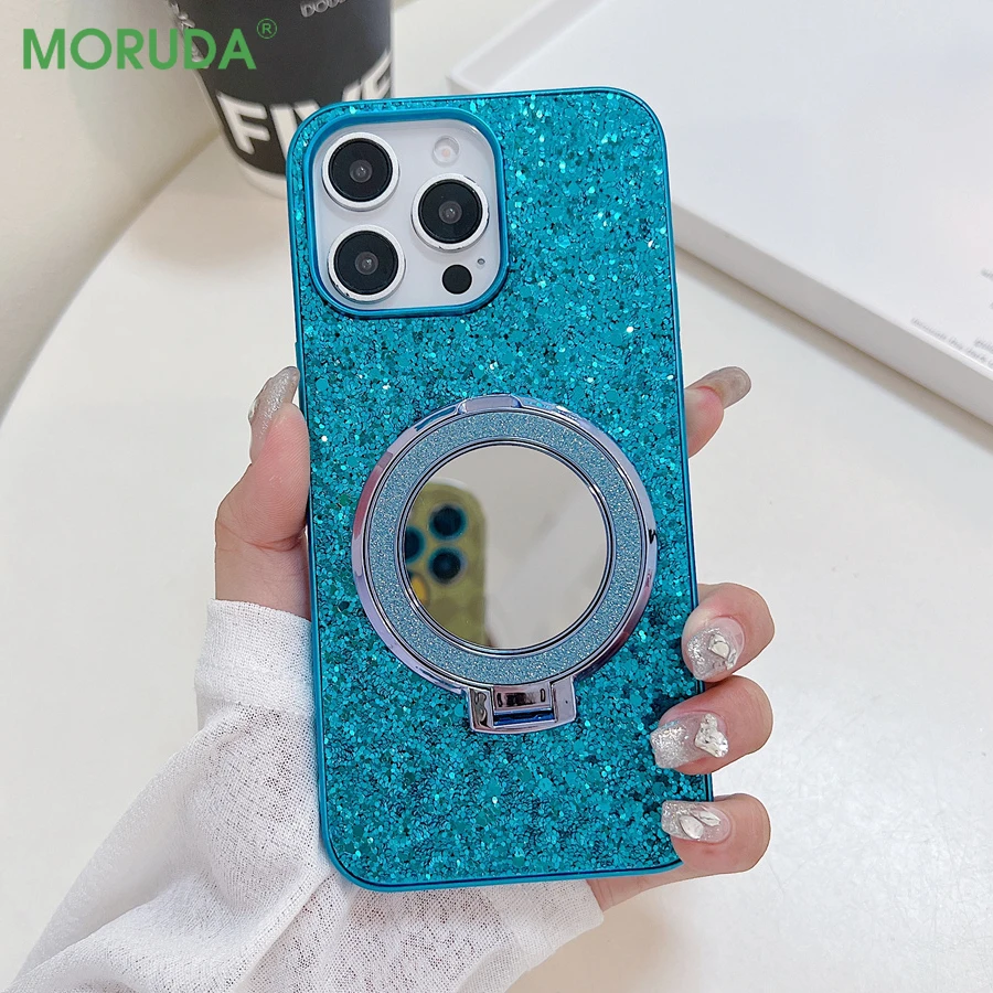 Glitter Magnetic Makeup Mirror Holder Case for iPhone 16 15 14 Plus 13 12 11 Pro Max Magsafe Wireless Charge Shiny Diamond Cover