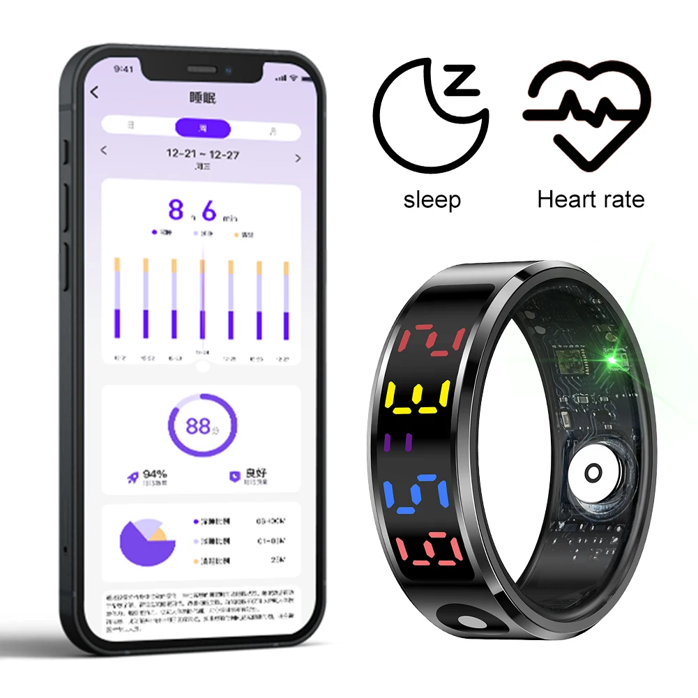 Smart Ring with Display Screen and Touch Health Manager Wireless Charging Heart Rate Blood Oxygen Monitor Ring for Android & iOS