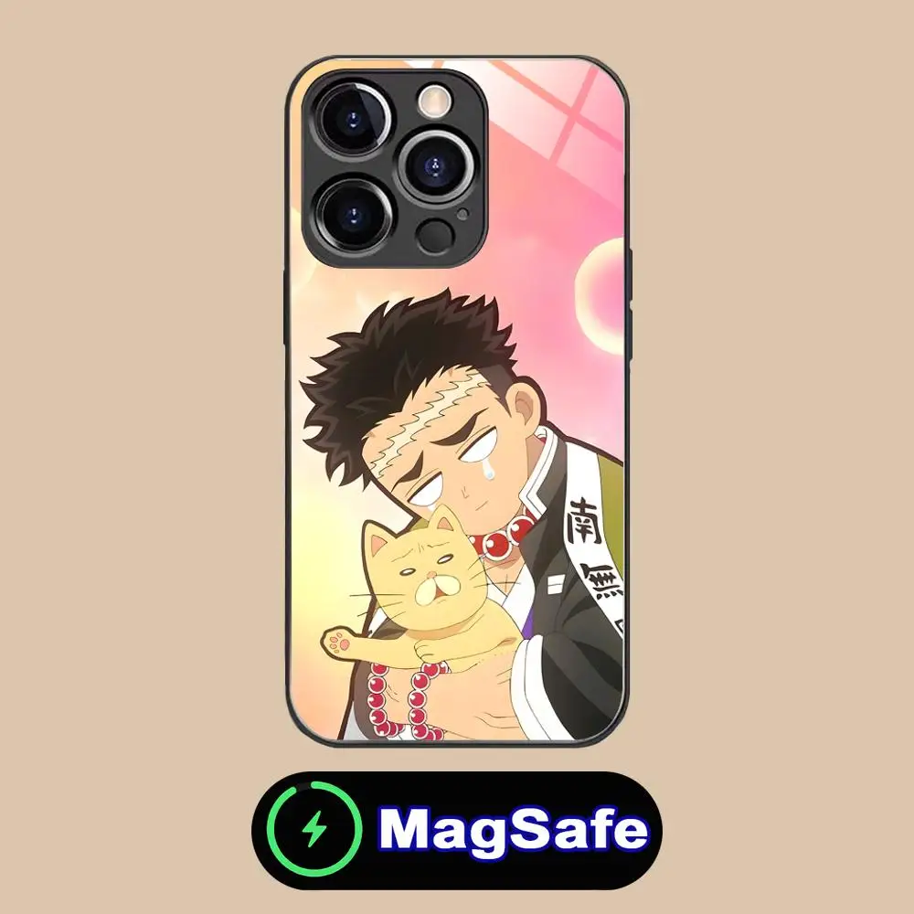حافظة هاتف Demon Slayer Gyomei لهاتف آيفون 16 15 14 13 12 11 Pro Max Plus Mini MagSafe غطاء حماية بلون زجاجي للهواتف الذكية