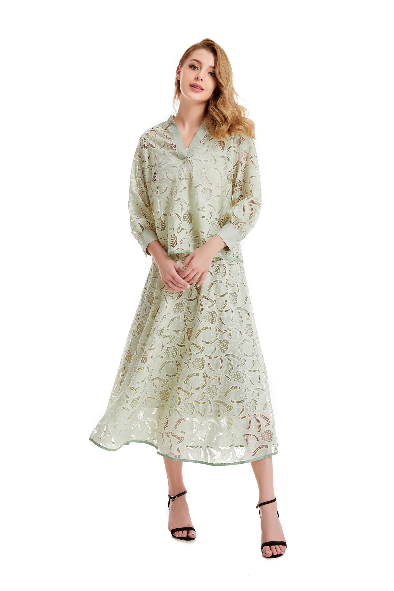 

Embroidered Light Green Two-Piece Set long Sleeve Top and Maxi Skirt - Luxury Spring Collection