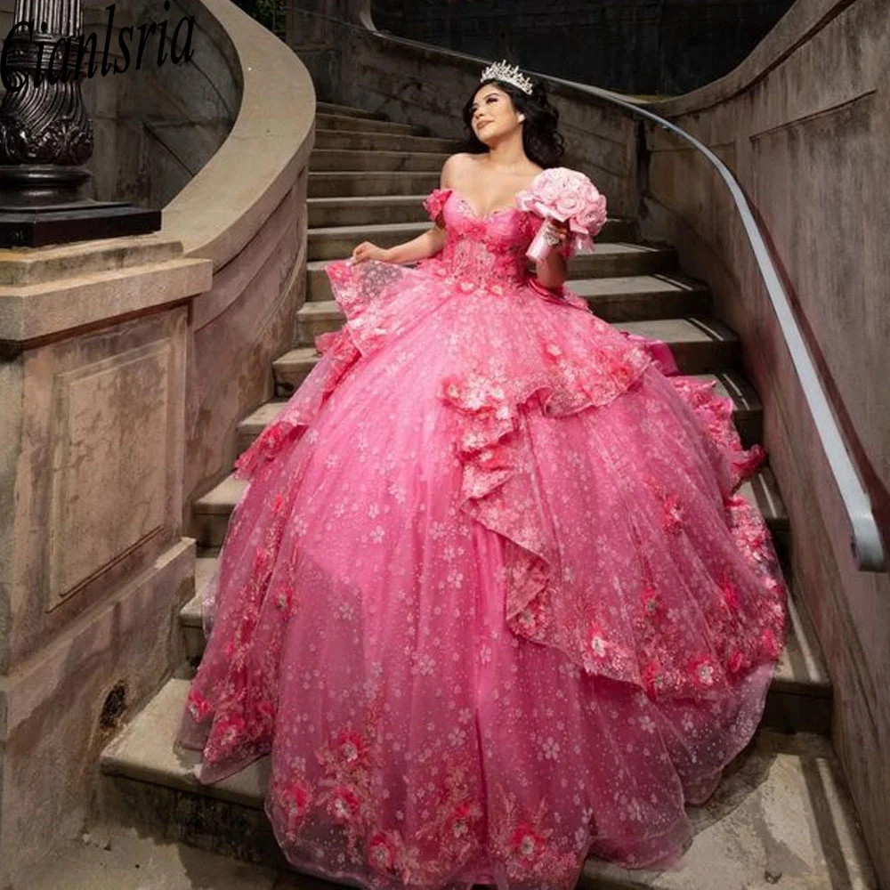 Pink Quinceanera Dress Ball Gown 3D Flowers Appliques Crystal Beading Mexican Sweet 16 Vestidos De 15 Años