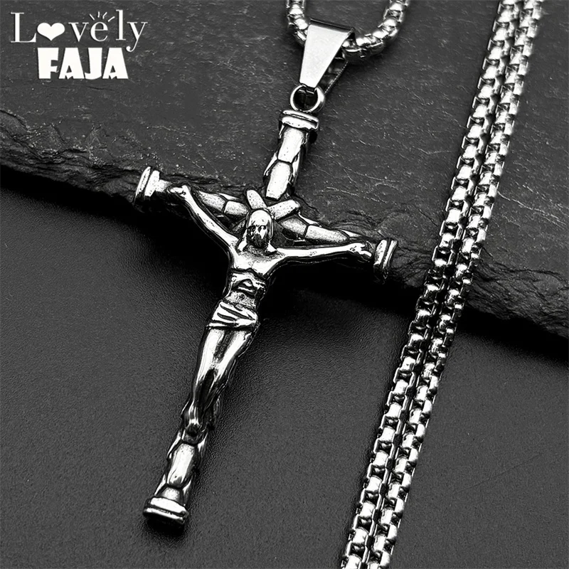 

Hip Hop Christian Jesus Crucifix Cross Pendant Necklace for Women Men Stainless Steel Vintage Silver Color Male Chain Jewelry