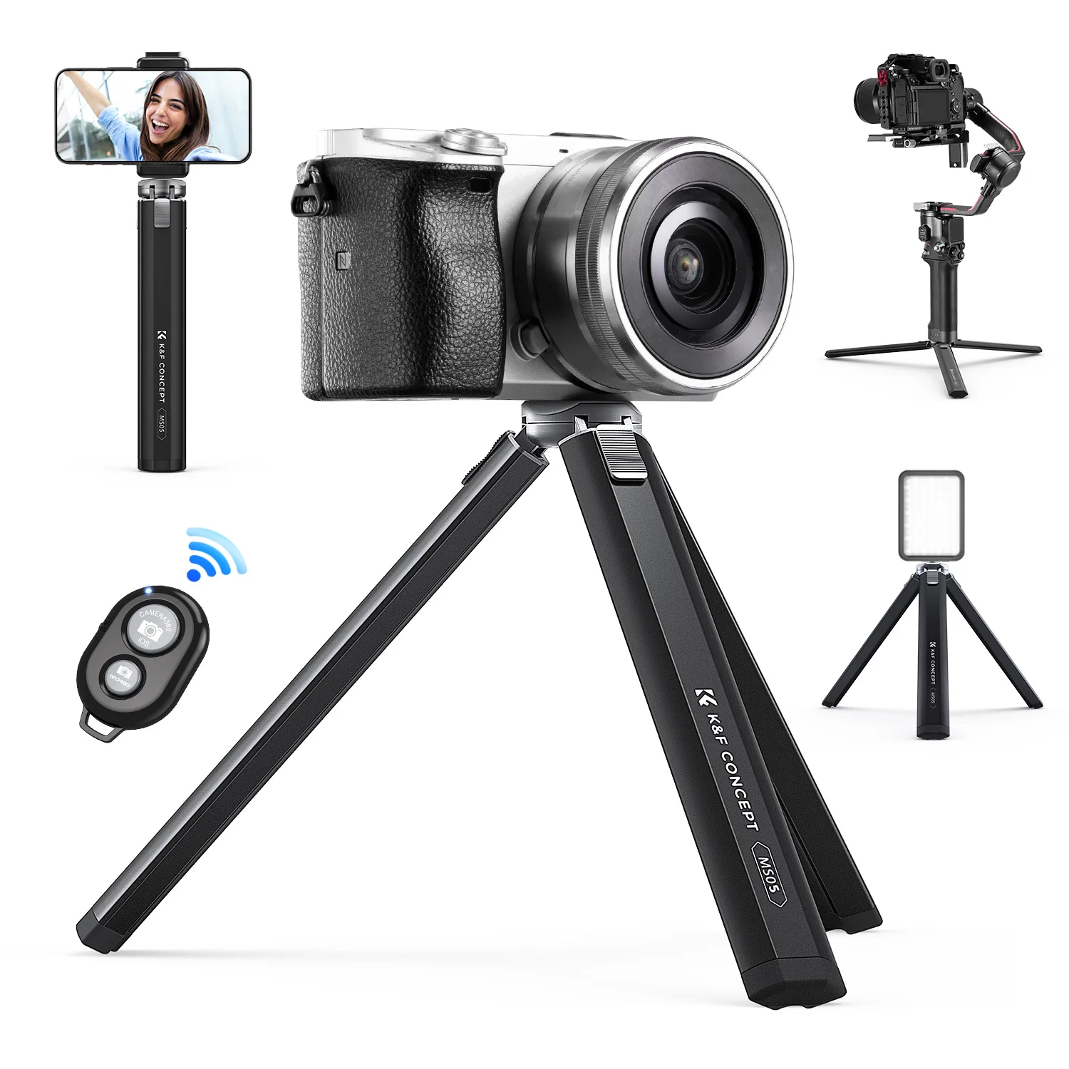 K&F Concept MS05 Adjustable 2 Levels Zinc Alloy Small Snail Desktop Tripod with Mobile Phone Holder and Bluetooth Remote Control